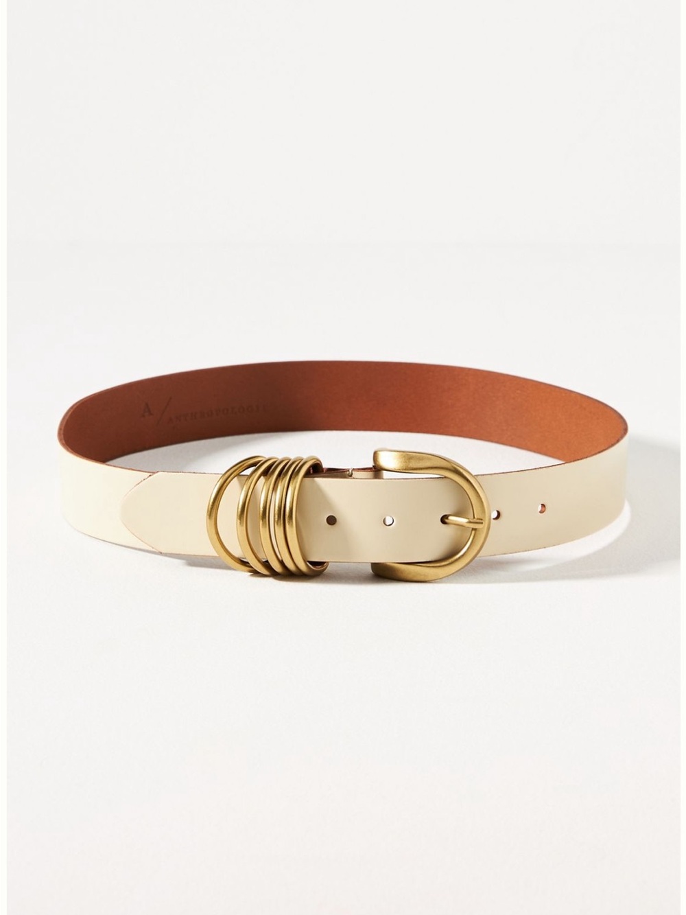 Anthropologie Cream Leather Belt Gold Horseshoe Buckle Ring Keepers XS